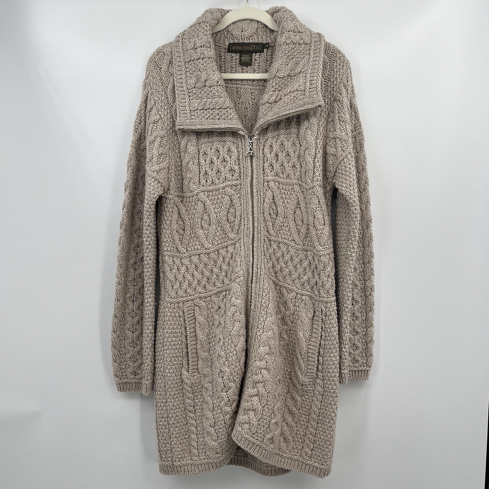 inis crafts merino 100% wool Sweater L Tan Long Full Zip Cable Knit Ireland Boho